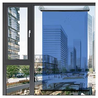 Imagem de uhyOHF Cortina de rolo de proteção solar para varanda, ventosa sem perfuração, espelho unidirecional e persiana transparente para janela de porta de vidro, azul - prata (73 x 150 cm/29 x 59 pol
