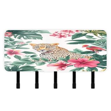 Imagem de Burbuja Porta-chaves de leopardo em plantas tropicais com 5 ganchos, porta-chaves autoadesivo montado na parede, organizador de armazenamento de correio para entrada, decoração de casa