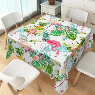 Imagem de TTQYFNM Toalha de mesa quadrada flamingo de 178 x 178 cm, folhas de palmeira tropicais, floral, abacaxi, rosa, flamingo, toalha de mesa, impermeável, para jantar, verão, praia, decoração de festa de