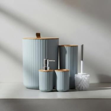 Imagem de Kit Banheiro Bambu Premium Cinza Acessorios 4 Peças Decoração Lavabo
