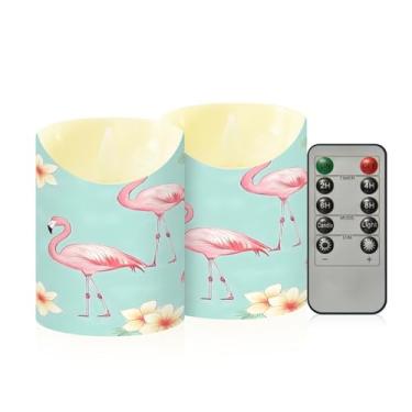 Imagem de Wassud Velas sem chama com estampa de flamingos e flores com controle remoto, velas realistas cintilantes com temporizador, velas decorativas para Natal, casamento, festa, decoração de casa pequenas