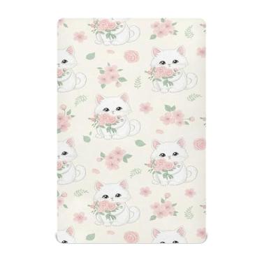 Imagem de Burbuja Lençol de berço de flor de gato branco para meninos e meninas, lençol com elástico 71 x 132 cm para berço padrão e colchões de crianças, macio e respirável