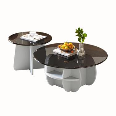 Imagem de Conjunto de 2 mesas de centro redondas de madeira, mesa de centro de vidro, mesa lateral de sofá com armazenamento, para sala de estar, quarto, escritório varanda (70 + 50 cm/27,5 + 50 cm, off-white)