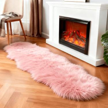 Imagem de linmopm Tapete de pele sintética de pele de carneiro, felpudo, fofo, rosa, 6 x 1,8 m, tapetes para quarto, cabeceira, cama, chão, sala de estar, tapete de pelúcia de alta densidade, super capa de sofá