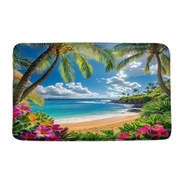 Imagem de Tapete de banho costeiro de praia, Havaí, litoral, palmeira, tropical, flor, paisagem, paisagem, paisagem, paisagem de ilha, céu azul, onda, mar, decoração de banheiro, tapete, 43 x 74 cm