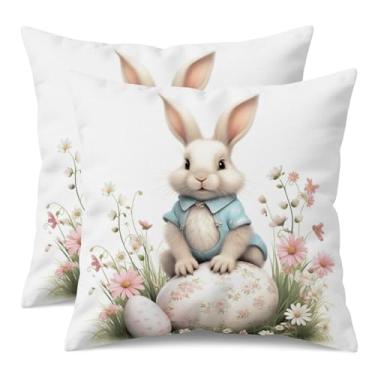 Imagem de UZFNY Conjunto de 2 capas de travesseiro de coelhinho da Páscoa 45,7 x 45,7 cm, coelho fofo em roupa azul com design de ovos florais, fronhas de primavera para sofá, sofá, fazenda, decoração de casa