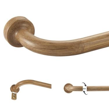 Imagem de Varões de cortina de disco de grão de madeira marrom, haste de cortina de janela de 71 a 122 cm, haste de cortina ajustável para escurecimento de ambiente com acabamentos e suportes de alumínio