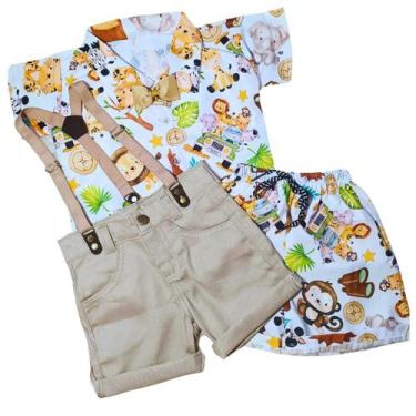 Imagem de Roupa Safari Menino Festa Kit Completo Bolofofo, Branco, Bege, 2 anos