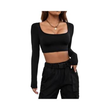 Imagem de Camiseta Sexy De Manga Longa Para Mulheres, Decote Baixo, Top Justo De