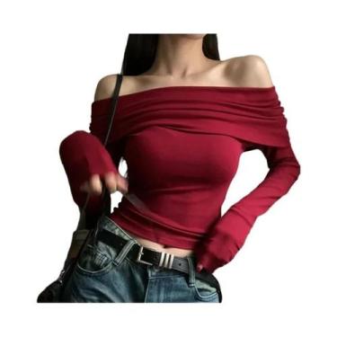 Imagem de Blusa Feminina Preta De Manga Longa Com Ombros Descidos, Ajuste Slim, 