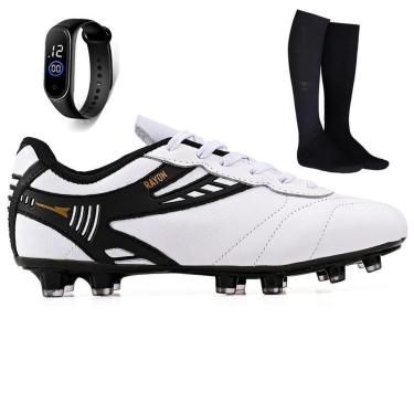 Imagem de Kit Chuteira de Couro Futebol Campo Grama Natural + Meião + Relogio Adulto-Unissex