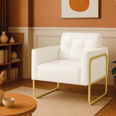 Imagem de Poltrona Sala Industrial Alta Tubo Dourado Elisa Sintético D03 - D'rossi Cor Branco