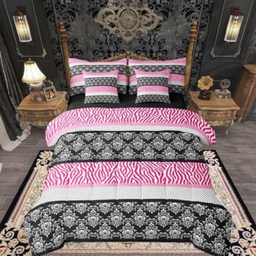 Imagem de Feelyou Conjunto de edredom de bolinhas com estampa de zebra, 7 peças, Queen, rosa, preto, zebra, para crianças, meninos, meninas, textura de pele de animal selvagem, em uma bolsa, microfibra leve e