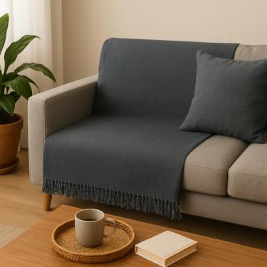 Imagem de Manta de Sofá Minimalista, 210 x 150 cm, 100% Algodão, Acabamento Artesanal com Franjas (Cinza Escuro)