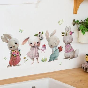 Imagem de Adesivos de parede Cute Cartoon Bunny Friends em PVC autoadesivo - yiw
