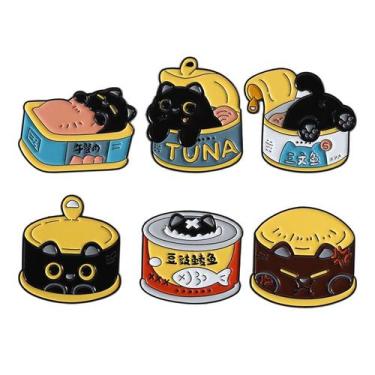 Imagem de Conjunto de alfinetes de broche Cartoon Cat Black Kitty Tuna Fish Tema