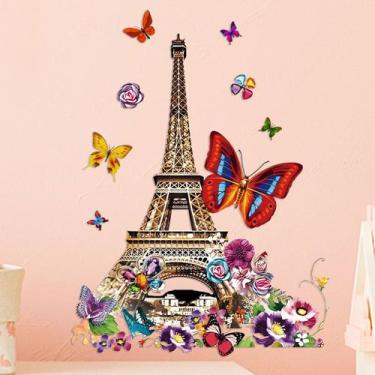 Imagem de Adesivos de parede Torre Eiffel Colorida Borboleta Flor 29,5 x 29,5 cm
