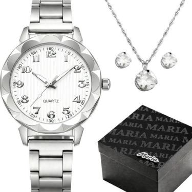 Imagem de relogio prata aço feminino + colar strass + brincos caixa aço inox cas