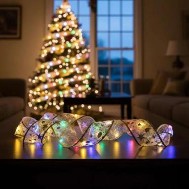 Imagem de Fita Luminosa Para Árvore de Natal, 2m, Dourada, Luz Colorida, à Pilha