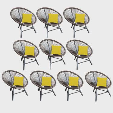 Imagem de Kit 10 Poltrona Cadeira Acapulco Sala Jardim Varanda Marrom Com Almofada Quadrada Tecido Sintético Amarelo - Ahazzo Móveis