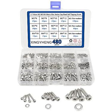 Imagem de XLX 480pçs 12 Valores M2 M3 M4 Metric Hex Socket Cap Head Self Tapping parafuso com arruelas de junta plana Kit de sortimento