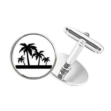 Imagem de DIYthinker Abotoaduras com clipe de botão redondo e silhueta de coqueiro, planta preta