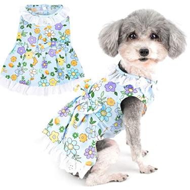 Imagem de Zunea Vestidos para cães pequenos meninas verão floral filhote de cachorro princesa vestido com laço flores impressas roupas femininas para animais de estimação saia bonita chique colete macio vestido