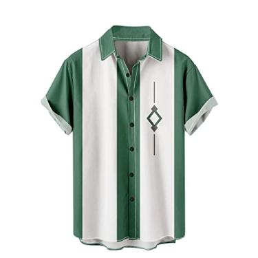 Imagem de Camisetas masculinas de manga curta com botões vintage estilo rockabilly anos 1950 estilo rockabilly verão Cuba Beach Shirts, Verde, P