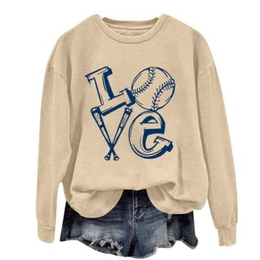 Imagem de Camiseta feminina de beisebol YUAEEEN de beisebol casual, manga comprida, caimento solto, gola redonda, camiseta de beisebol divertida 2024, Caqui, P