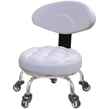Imagem de Banco de assento de rolo baixo com encosto, cadeira móvel de baixa altura, rotação de 360 ​​° para loja de garagem, escritório doméstico, almofada de couro, branco