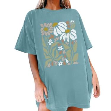 Imagem de jinluth Camisetas femininas florais grandes boho vintage flores silvestres lindas camisetas estampadas de plantas florais casuais, Mineralgreen, M