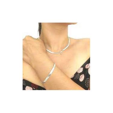 Imagem de Kit Conjunto Chocker Malha Fita Laminada com Pulseira Folheado a Ouro 