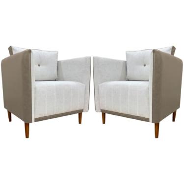 Imagem de Kit 2 Poltronas Decorativas Para Sala e Recepção Aviv Corino Caramelo e Linho Premium Bege