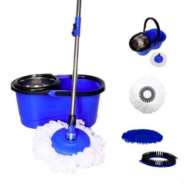 Imagem de Mop Giratório Esfregão Balde Com Alça E Cesto Inox Limpeza Cabo Regulável Refil em Microfibra