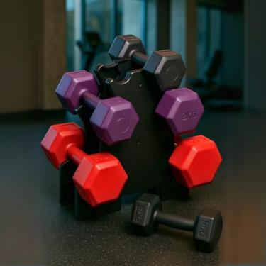 Imagem de Kit de Halteres Sextavado com Suporte – 3 Pesos Ideal para Exercícios em Casa Musculação,Fisioterapia, Academia 1 par de 1kg, 1 par de 2kg, 1par de 3kg