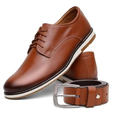 Imagem de Conjunto Sapato Masculino Oxford Em Couro Legítimo Com Cinto Largo Ajustável Confortável Para Uso Social (Caramelo, BR, Adulto, Numérico, 38)