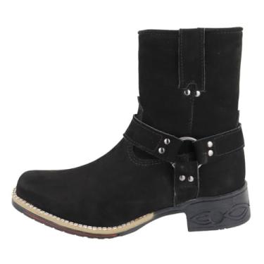 Imagem de Bota Country Couro Cano Médio Aplicaçoes Argola Lateral Sola Borracha Costurada Palmilha EVA Tamanho:34;Cor:Preto;Gênero:Masculino;Departamento BS:Esporte