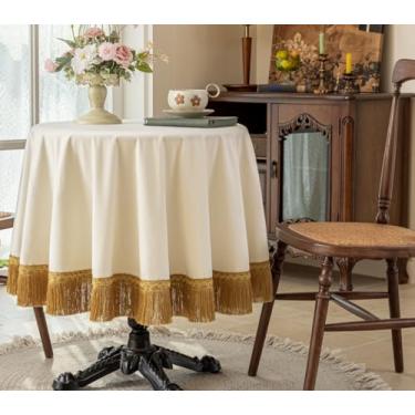 Imagem de F-CHU Toalha de mesa branca grossa de veludo com lindas borlas douradas, toalha de mesa vintage para decoração de casa, casamento, festa, banquete e eventos, redonda de 122 cm