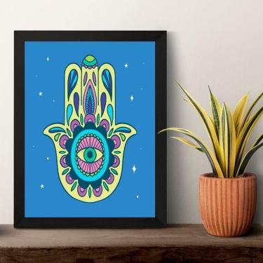 Imagem de Quadro Esotérico Olho Grego E Hamsa - Azul 45X34Cm - Vidro