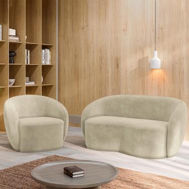 Imagem de Conjunto 1 Sofá Living 180cm e 1 Poltrona Decorativa Sala de Estar Íbis Encosto Fixo Veludo Bege G33 - Gran Belo