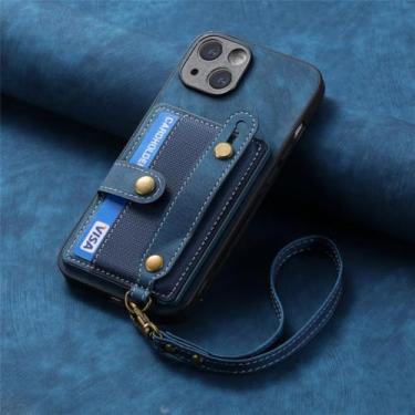Imagem de Capa de telefone com suporte de couro PU com alça de pulso para iPhone 13 12 Mini 15 14 11 Pro Max XS X XR 8 7 Plus Carteira com capa de suporte de cartão, azul, para iPhone 7Plus (8Plus)
