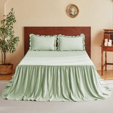 Imagem de MR&HM Conjunto de colcha com saia de babados de microfibra escovada – 76 cm de comprimento, 3 peças Queen, verde claro gasto chique, colcha de cama macia e fronha, decoração de fazenda vintage
