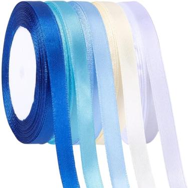 Imagem de CRASPIRE Fita de cetim azul empoeirado 9,5 cm (3/20.3 cm) 5 rolos total de 120 metros de tecido fino poliéster flexível reutilizável cores sortidas para embrulho de presente DIY casamento chá de