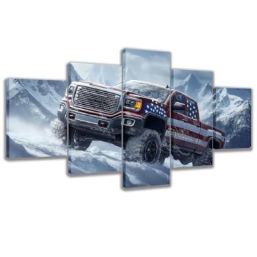 Imagem de 5 peças de caminhonete vermelha, montanha nevada off road impressão em tela, pintura de arte de carro para sala de estar concessionária de carros (Art-2, moldura pequena de 101 x 50 cm)