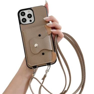 Imagem de Capa de telefone carteira crossbody com cordão para iPhone 14 13 12 Mini 11 Pro XS Max X 8 7 Plus com capa de couro com suporte para cartão, cáqui, para iPhone 7Plus (8Plus)