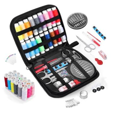 Imagem de Kit de costura de 86 peças – Conjunto de agulhas e linhas para adultos, iniciantes – Materiais de costura para casa, viagens – Inclui tesoura, fita métrica, passador de agulha, removedor de costura