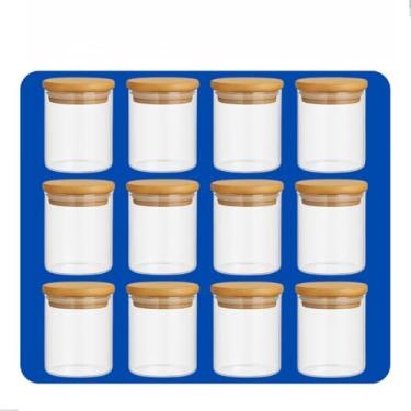 Imagem de Kit 12 Potes de Vidro 200ml com Tampa de Bambu Hermético Mantimentos Condimentos Empilhaveis(12)