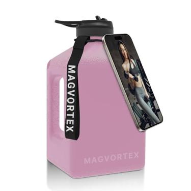 Imagem de MAGVORTEX Garrafa de água diária para academia de 2,6 l rosa – Jarro PETG grande sem BPA com suporte magnético para telefone, tampa flip-top à prova de vazamento, boca larga para gelo, canudo, alça de