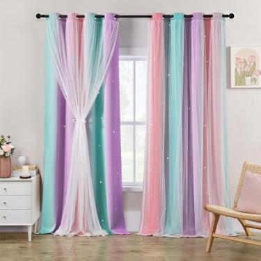 Imagem de XiDi Cortinas blackout para quarto de meninas, 246 cm de comprimento, arco-íris, para quarto de bebê, escurecimento, arco-íris, princesa, unicórnio, conjunto de 2 painéis, rosa, roxo, verde, 152 cm de