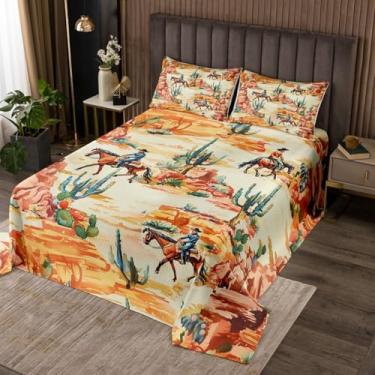 Imagem de Manfei Conjunto de colcha infantil de caubói ocidental, tamanho king, cacto, deserto do sudoeste, decoração de quarto de meninas e meninos, colcha acolchoada rústica boho, casa de fazenda, colcha de